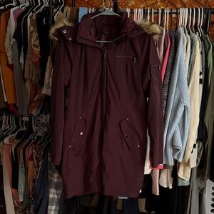 Tahari Maroon Ski Jacket with Faux Fur Hood